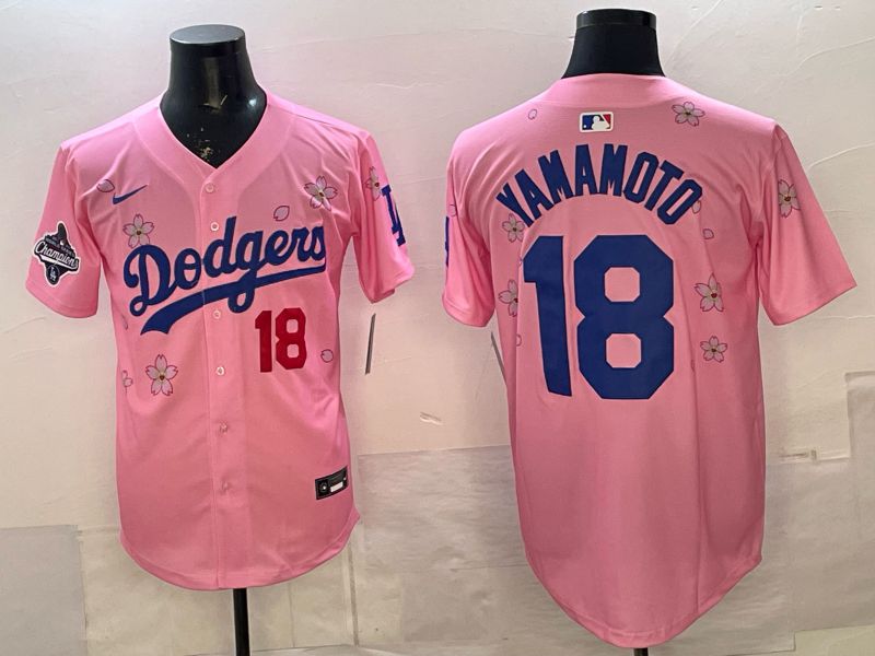 Men Nike 2026 Los Angeles Dodgers #18 Yamamoto Pink Sakura Edition Game MLB Jersey 02